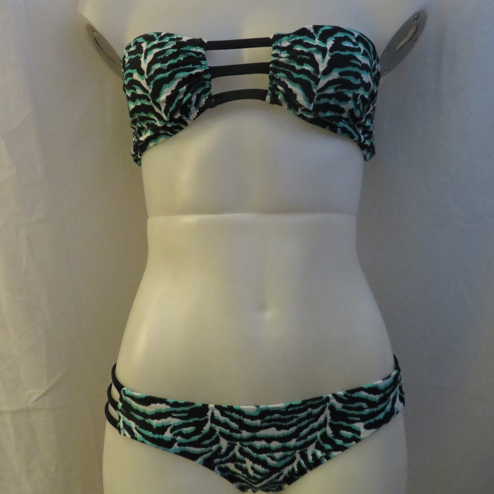 MILLY CABANA TEAL, BLACK STRAPLESS BIKINI SET M